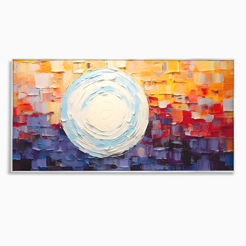 Tablou canvas cu tablou pictat cu sfera alba centrala, in rama de aluminiu argintiu